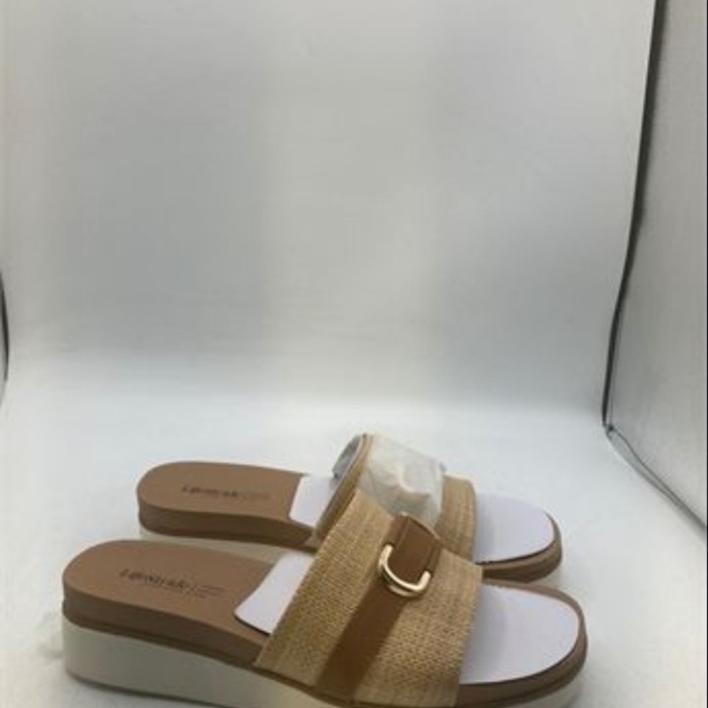 LifeStride Tan and White Slide Sandals